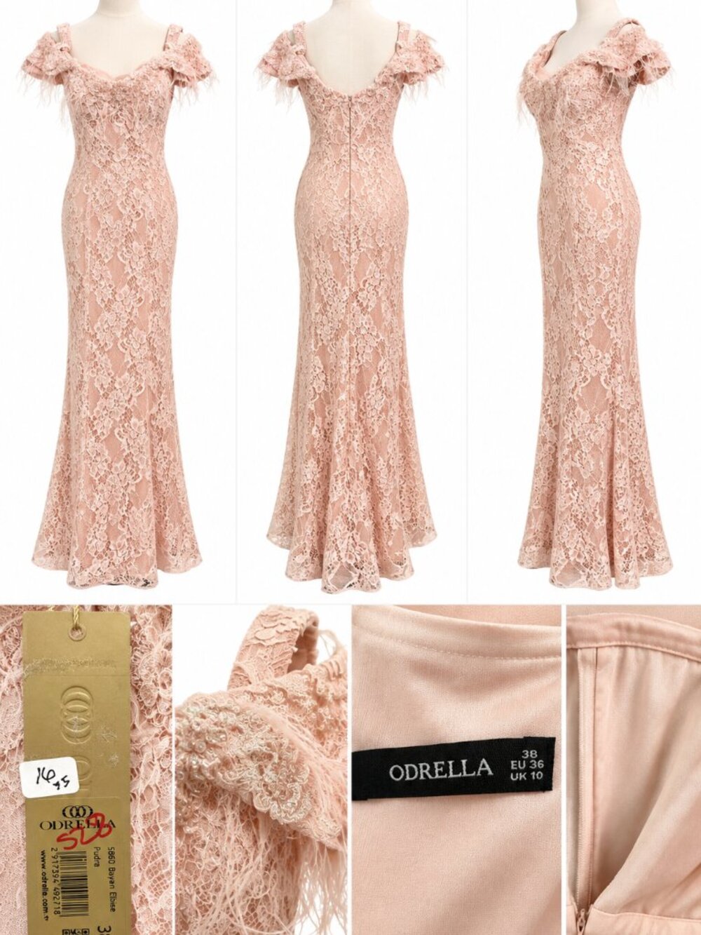 ODRELLA 5860 PUDRA BLUSH LACE FEATHER EVENING GOWN – SIZE 38 – NWT